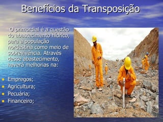 Benefícios da Transposição   O primordial é a questão do abastecimento hídrico, para a população nordestina como meio de sobrevivência. Através desse abastecimento, haverá melhorias na: Empregos; Agricultura; Pecuária; Financeiro; 