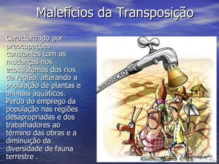 Malefícios da Transposição Caracterizado por preocupações constantes com as mudanças nos ecossistemas dos rios da região, alterando a população de plantas e animais aquáticos.   Perda do emprego da população nas regiões desapropriadas e dos trabalhadores ao término das obras e a  d iminuição da diversidade de fauna terrestre . 