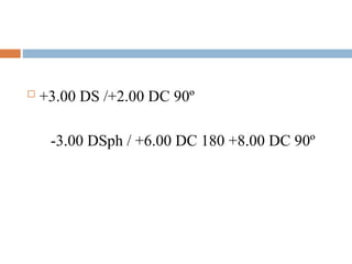  +3.00 DS /+2.00 DC 90º
-3.00 DSph / +6.00 DC 180 +8.00 DC 90º
 