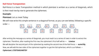 Rail Fence Transposition
Rail-Fence is a basic Transposition method in which plaintext is written as a series of diagonals, which
is then read row by row to generate the ciphertext.
Example:
Plaintext: Let us meet Today
We will now write this simple sentence in a diagonal format, as you can see below, following a specific
order −
After writing the message as a series of diagonals, you must read it as a series of rows in order to extract the
ciphertext. Therefore, after reading the first row, the ciphertext's first half will be Ltsetoa
−
We will decipher the second part of the ciphertext by reading the second row of the Rail Fence − eumeTdy
Now, we will add the two sides of the ciphertext together to get the full ciphertext, which is as follows −
Ciphertext: LTSETOAEUMETDY
 