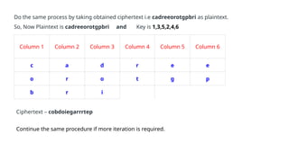 Do the same process by taking obtained ciphertext i.e cadreeorotgpbri as plaintext.
So, Now Plaintext is cadreeorotgpbri and Key is 1,3,5,2,4,6
Column 1 Column 2 Column 3 Column 4 Column 5 Column 6
c a d r e e
o r o t g p
b r i
Ciphertext – cobdoiegarrrtep
Continue the same procedure if more iteration is required.
 