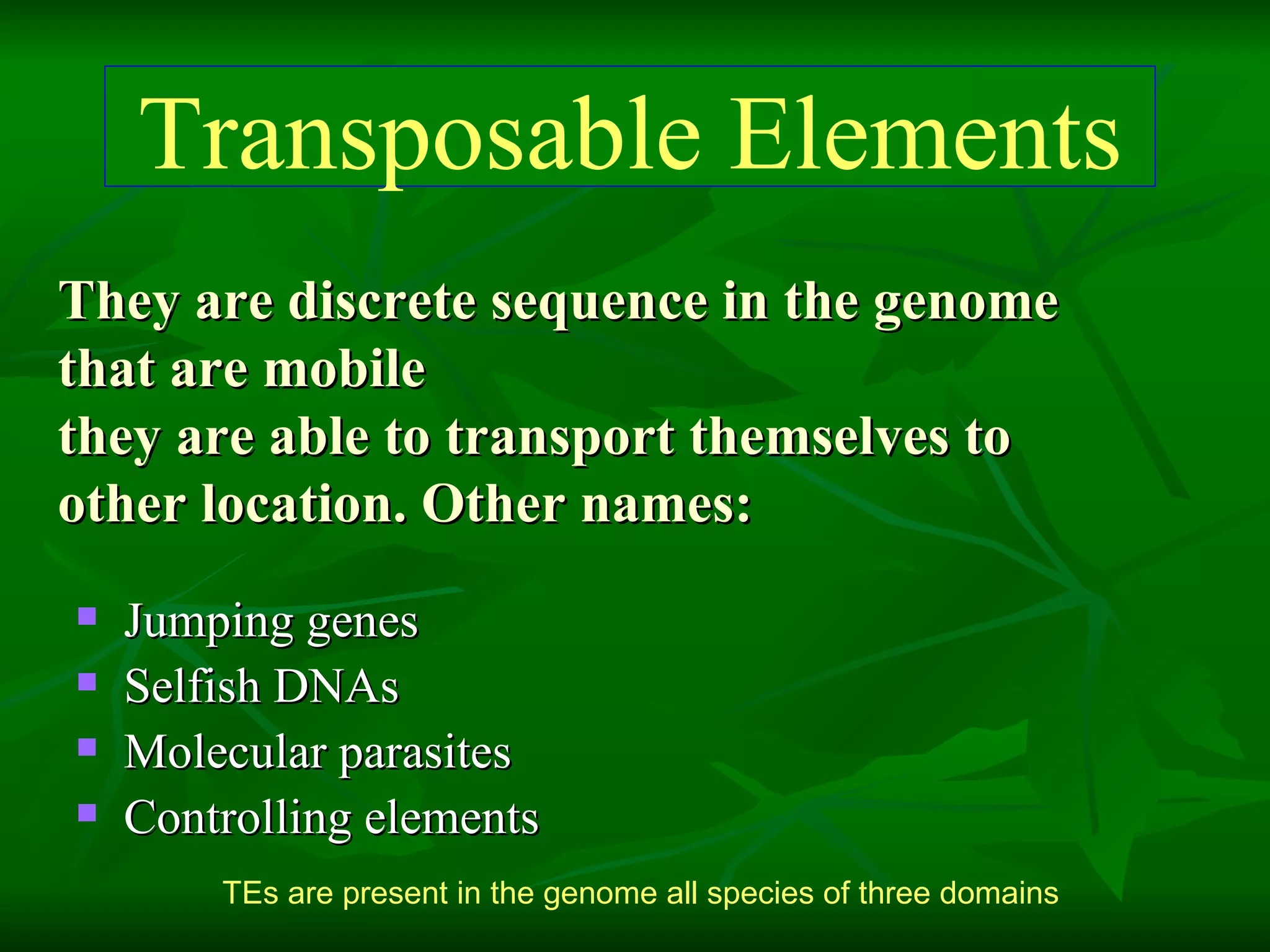 They are discrete sequence in the genome that are mobile  they are able to transport themselves to other location. Other names:  Jumping genes  Selfish DNAs Molecular parasites Controlling elements TEs are present in the genome all species of three domains  Transposable Elements 