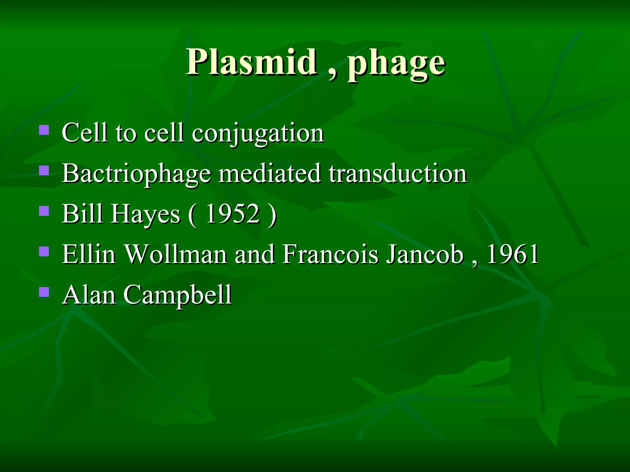 Plasmid , phage Cell to cell conjugation  Bactriophage mediated transduction Bill Hayes ( 1952 ) Ellin Wollman and Francois Jancob , 1961 Alan Campbell 