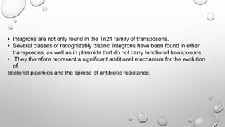 • Integrons are not only found in the Tn21 family of transposons.
• Several classes of recognizably distinct integrons have been found in other
transposons, as well as in plasmids that do not carry functional transposons.
• They therefore represent a significant additional mechanism for the evolution
of
bacterial plasmids and the spread of antibiotic resistance.
 
