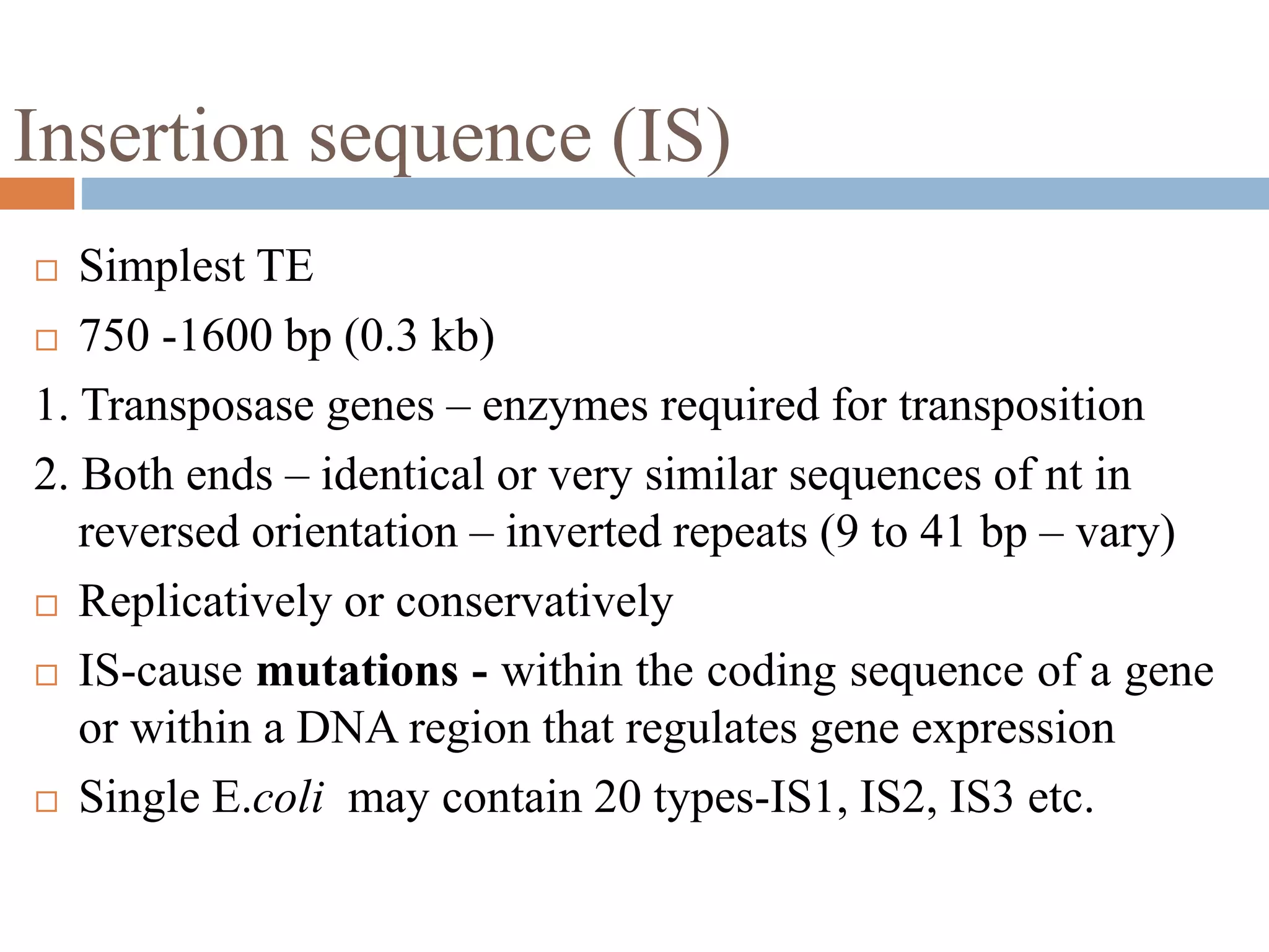 Insertion sequence (IS) 
 Simplest TE 
 750 -1600 bp (0.3 kb) 
1. Transposase genes – enzymes required for transposition 
2. Both ends – identical or very similar sequences of nt in 
reversed orientation – inverted repeats (9 to 41 bp – vary) 
 Replicatively or conservatively 
 IS-cause mutations - within the coding sequence of a gene 
or within a DNA region that regulates gene expression 
 Single E.coli may contain 20 types-IS1, IS2, IS3 etc. 
 