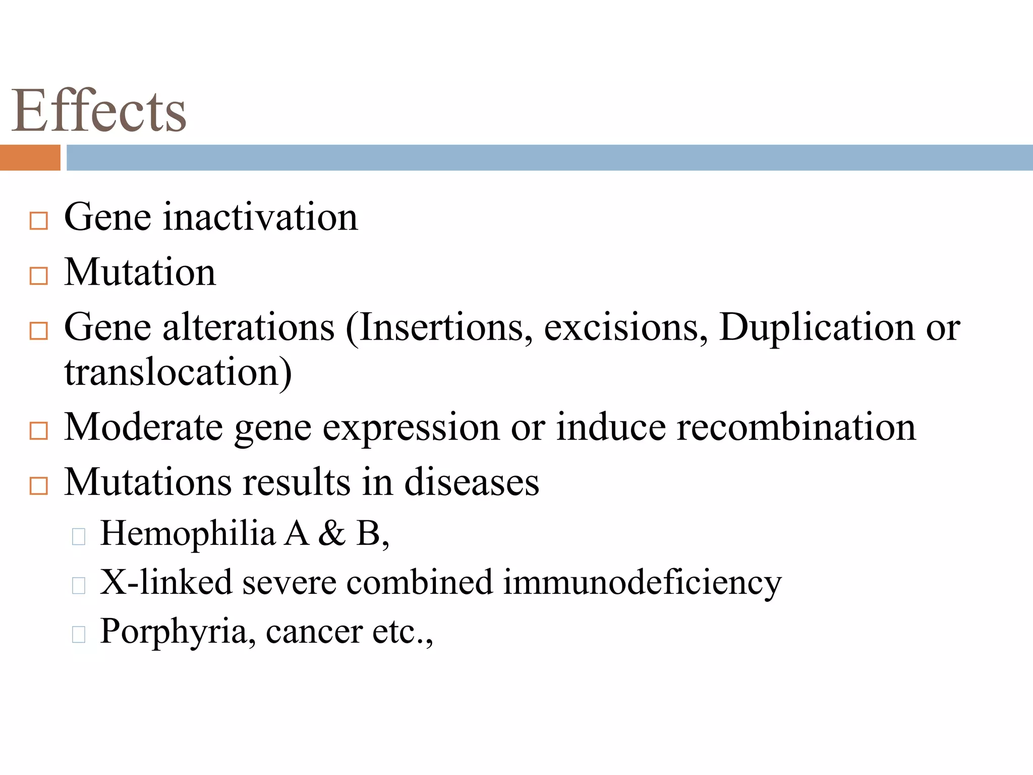 Effects 
 Gene inactivation 
 Mutation 
 Gene alterations (Insertions, excisions, Duplication or 
translocation) 
 Moderate gene expression or induce recombination 
 Mutations results in diseases 
Hemophilia A & B, 
X-linked severe combined immunodeficiency 
Porphyria, cancer etc., 
 