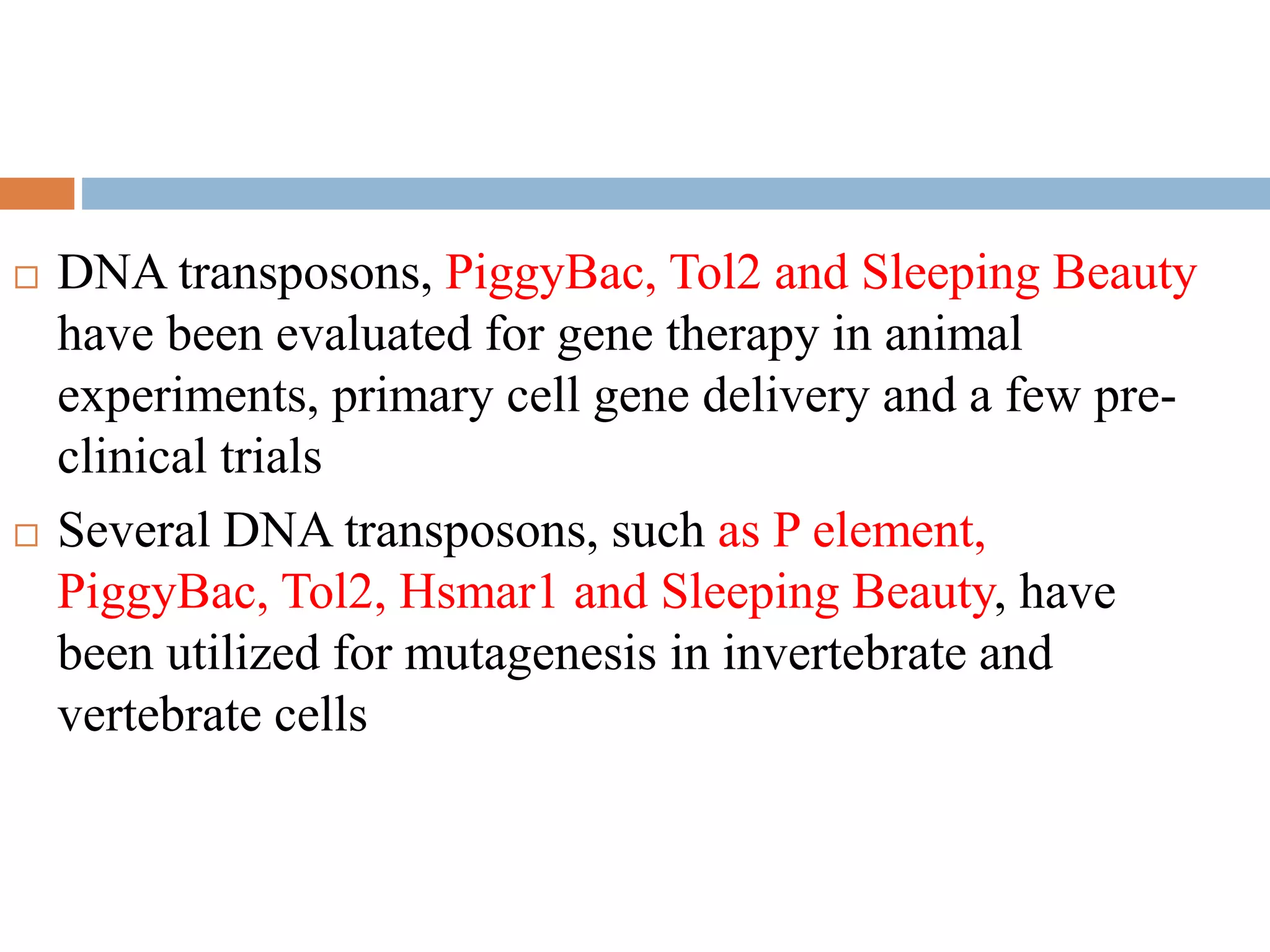  DNA transposons, PiggyBac, Tol2 and Sleeping Beauty 
have been evaluated for gene therapy in animal 
experiments, primary cell gene delivery and a few pre-clinical 
trials 
 Several DNA transposons, such as P element, 
PiggyBac, Tol2, Hsmar1 and Sleeping Beauty, have 
been utilized for mutagenesis in invertebrate and 
vertebrate cells 
 