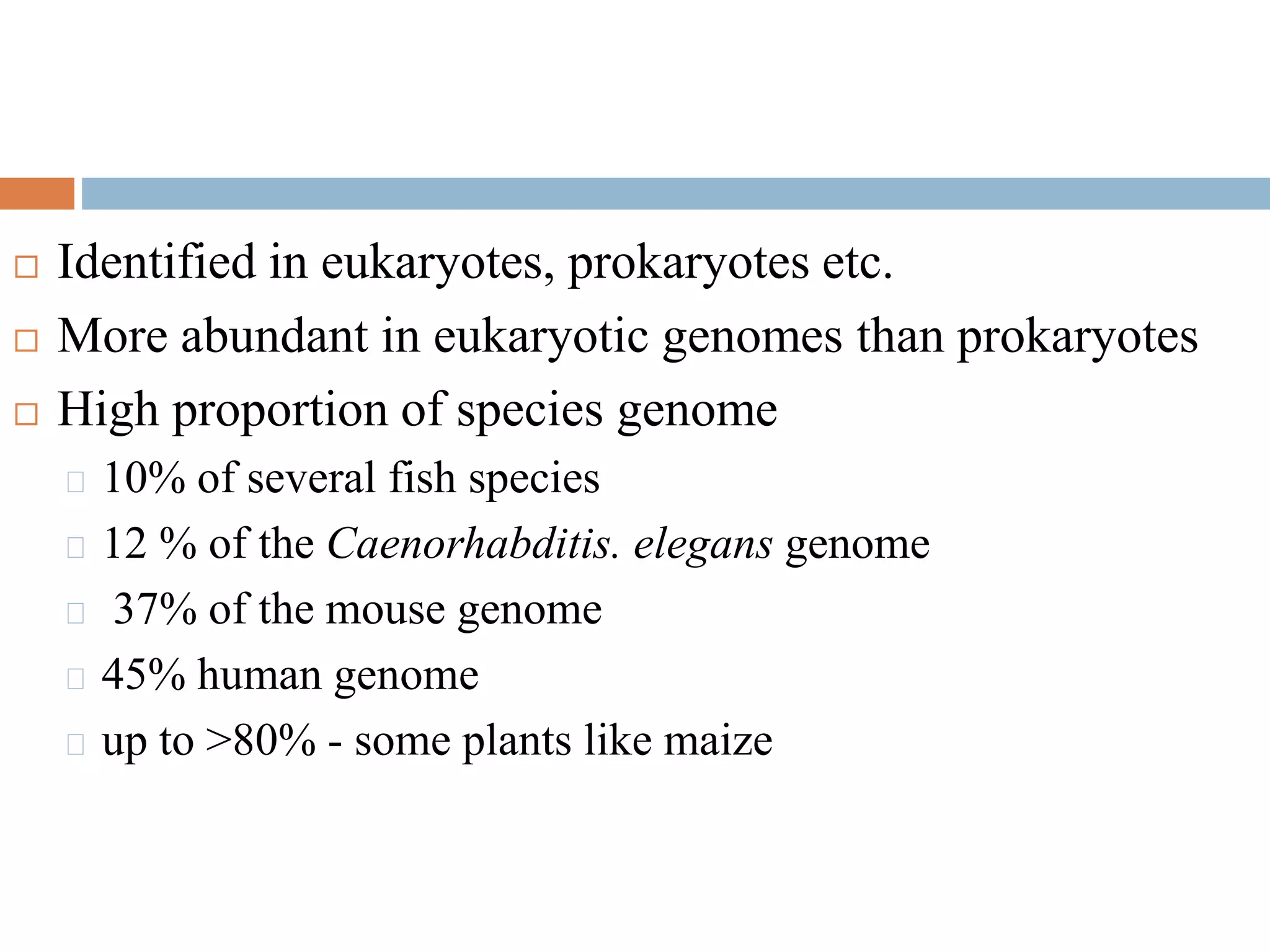  Identified in eukaryotes, prokaryotes etc. 
 More abundant in eukaryotic genomes than prokaryotes 
 High proportion of species genome 
10% of several fish species 
12 % of the Caenorhabditis. elegans genome 
37% of the mouse genome 
45% human genome 
up to >80% - some plants like maize 
 