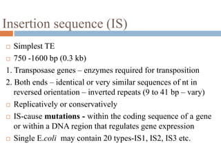 Insertion sequence (IS) 
 Simplest TE 
 750 -1600 bp (0.3 kb) 
1. Transposase genes – enzymes required for transposition 
2. Both ends – identical or very similar sequences of nt in 
reversed orientation – inverted repeats (9 to 41 bp – vary) 
 Replicatively or conservatively 
 IS-cause mutations - within the coding sequence of a gene 
or within a DNA region that regulates gene expression 
 Single E.coli may contain 20 types-IS1, IS2, IS3 etc. 
 