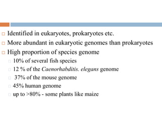  Identified in eukaryotes, prokaryotes etc. 
 More abundant in eukaryotic genomes than prokaryotes 
 High proportion of species genome 
10% of several fish species 
12 % of the Caenorhabditis. elegans genome 
37% of the mouse genome 
45% human genome 
up to >80% - some plants like maize 
 