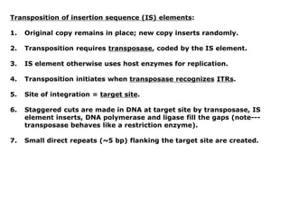 Transposition of insertion sequence (IS) elements:
1. Original copy remains in place; new copy inserts randomly.
2. Transposition requires transposase, coded by the IS element.
3. IS element otherwise uses host enzymes for replication.
4. Transposition initiates when transposase recognizes ITRs.
5. Site of integration = target site.
6. Staggered cuts are made in DNA at target site by transposase, IS
element inserts, DNA polymerase and ligase fill the gaps (note---
transposase behaves like a restriction enzyme).
7. Small direct repeats (~5 bp) flanking the target site are created.
 