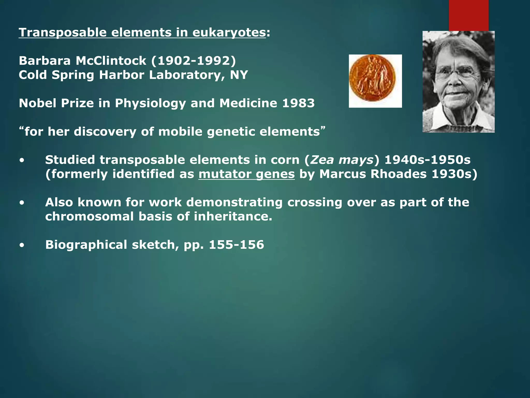 Transposable elements in eukaryotes:
Barbara McClintock (1902-1992)
Cold Spring Harbor Laboratory, NY
Nobel Prize in Physiology and Medicine 1983
“for her discovery of mobile genetic elements”
• Studied transposable elements in corn (Zea mays) 1940s-1950s
(formerly identified as mutator genes by Marcus Rhoades 1930s)
• Also known for work demonstrating crossing over as part of the
chromosomal basis of inheritance.
• Biographical sketch, pp. 155-156
 