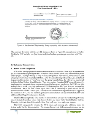 Economical Electric School Bus EESB
Final Report June 2nd
, 2014
25
The complete document with this new PE Stamp, as shown in Figure 16, was delivered to Cullen
Sisskind at CHP and after one final layout and visual update, was deemed compliant with Title
13.
5.0 In-Service Demonstration
5.1 School System Integration
A 6- month leasing agreement between TransPower and Escondido Union High School District
(EUHSD) was enacted putting EUHSD as the lead school district for the field demonstration phase
of the project. During February to early March 2014 operators were trained, routes selected, and
charging infrastructure installed at EUHSD. After 4 weeks of testing in Escondido, CA and a brief
inspection of the system at TransPower over the spring break holiday, the vehicle was transferred
to Cajon Valley Unified School District. Then after another 2 weeks of CHP re-certification, 45-
day inspection, operator training, route selection and infrastructure installation, the EESB was able
to begin its 4+ week carrying students at EUHSD throughout El Cajon, CA and surrounding
communities. As of the time of this report, the EESB is continuing its pupil service for the
remainder of the EUHSD school year. Further research and showcasing of the bus will happen in
the summer of 2014. The bus will then go back to demonstration service in the fall of 2014 with
additional San Diego County school districts.
The EESB has completed 2 solid months of demonstration service with two San Diego County
school districts: Escondido Union High School District and Cajon Valley Unified School District.
Given the prototype state of the vehicle, these field trials have been a glowing success.
The EESB was generally operated for 30-42 miles each morning, plus additional miles for
testing and/or further demonstration. The routes chosen were fairly demanding routes and an
Figure 16. Professional Engineering Stamp regarding vehicle conversion manual
 