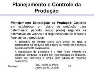 Capítulo 1
Prof. Thalmo de Paiva
Coelho Junior, Dr. Eng.
20
Planejamento e Controle da
Produção
Planejamento Estratégico da Produção: Consiste
em estabelecer um plano de produção para
determinado período (longo prazo) segundo as
estimativas de vendas e a disponibilidade de recursos
financeiros e produtivos.
A estimativa de vendas serve para prever os tipos e
quantidades de produtos que espera-se vender no horizonte
de planejamento estabelecido.
A capacidade de produção é o fator físico limitante do
processo produtivo, e pode ser incrementada ou reduzida,
desde que planejada a tempo, pela adição de recursos
financeiros.
 