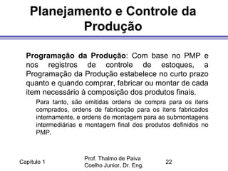 Capítulo 1
Prof. Thalmo de Paiva
Coelho Junior, Dr. Eng.
22
Planejamento e Controle da
Produção
Programação da Produção: Com base no PMP e
nos registros de controle de estoques, a
Programação da Produção estabelece no curto prazo
quanto e quando comprar, fabricar ou montar de cada
item necessário à composição dos produtos finais.
Para tanto, são emitidas ordens de compra para os itens
comprados, ordens de fabricação para os itens fabricados
internamente, e ordens de montagem para as submontagens
intermediárias e montagem final dos produtos definidos no
PMP.
 