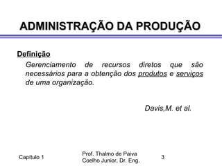 Capítulo 1
Prof. Thalmo de Paiva
Coelho Junior, Dr. Eng.
3
ADMINISTRAÇÃO DA PRODUÇÃOADMINISTRAÇÃO DA PRODUÇÃO
Definição
Gerenciamento de recursos diretos que são
necessários para a obtenção dos produtos e serviços
de uma organização.
Davis,M. et al.
 