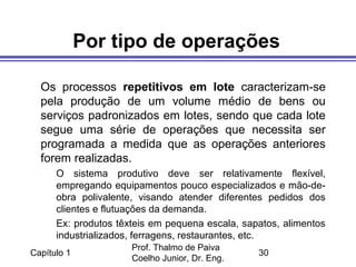 Capítulo 1
Prof. Thalmo de Paiva
Coelho Junior, Dr. Eng.
30
Por tipo de operações
Os processos repetitivos em lote caracterizam-se
pela produção de um volume médio de bens ou
serviços padronizados em lotes, sendo que cada lote
segue uma série de operações que necessita ser
programada a medida que as operações anteriores
forem realizadas.
O sistema produtivo deve ser relativamente flexível,
empregando equipamentos pouco especializados e mão-de-
obra polivalente, visando atender diferentes pedidos dos
clientes e flutuações da demanda.
Ex: produtos têxteis em pequena escala, sapatos, alimentos
industrializados, ferragens, restaurantes, etc.
 