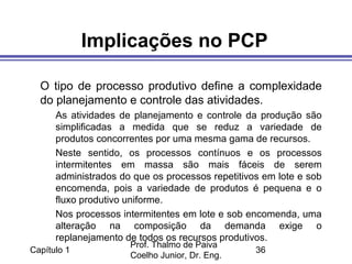 Capítulo 1
Prof. Thalmo de Paiva
Coelho Junior, Dr. Eng.
36
Implicações no PCP
O tipo de processo produtivo define a complexidade
do planejamento e controle das atividades.
As atividades de planejamento e controle da produção são
simplificadas a medida que se reduz a variedade de
produtos concorrentes por uma mesma gama de recursos.
Neste sentido, os processos contínuos e os processos
intermitentes em massa são mais fáceis de serem
administrados do que os processos repetitivos em lote e sob
encomenda, pois a variedade de produtos é pequena e o
fluxo produtivo uniforme.
Nos processos intermitentes em lote e sob encomenda, uma
alteração na composição da demanda exige o
replanejamento de todos os recursos produtivos.
 