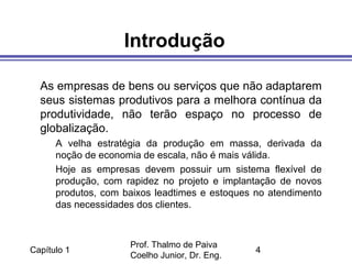 Capítulo 1
Prof. Thalmo de Paiva
Coelho Junior, Dr. Eng.
4
Introdução
As empresas de bens ou serviços que não adaptarem
seus sistemas produtivos para a melhora contínua da
produtividade, não terão espaço no processo de
globalização.
A velha estratégia da produção em massa, derivada da
noção de economia de escala, não é mais válida.
Hoje as empresas devem possuir um sistema flexível de
produção, com rapidez no projeto e implantação de novos
produtos, com baixos leadtimes e estoques no atendimento
das necessidades dos clientes.
 