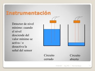 Instrumentación
Circuito
cerrado
Circuito
abierto
Detector de nivel
mínimo: cuando
el nivel
desciende del
valor mínimo se
activa / o
desactiva la
señal del sensor
05/04/2022 15
Asig. PLC - Prof. José Borjas
 