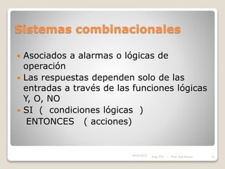 Sistemas combinacionales
 Asociados a alarmas o lógicas de
operación
 Las respuestas dependen solo de las
entradas a través de las funciones lógicas
Y, O, NO
 SI ( condiciones lógicas )
ENTONCES ( acciones)
05/04/2022 19
Asig. PLC - Prof. José Borjas
 