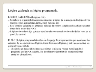 Lógica cableada vs lógica programada.
LOGICA CABLEADA (Lógica a relé).
.- Se refiere a el control de equipos o sistemas a través de la conexión de dispositivos
lógicos como, contactores, relés , push buttons, etc.
.- Este término describe los extensos paneles de control a relés que existían o existen
antes de la era de los PLCs.
.- Lógica cableada es fija y puede ser alterada solo con el recableado de los relés en el
panel de control.
El PLC ( Lógica programada) utiliza un lenguaje de programación que monitorea las
entradas de los dispositivos lógicos, toma decisiones lógicas, y activa o desactiva los
dispositivos de salida.
.- El cambio en las condiciones o decisiones lógicas se realiza modificando el
programa que el PLC ejecuta. No es necesario cambiar las interconexiones
entre los dispositivos.
31
Asig. PLC - Prof. José Borjas
 