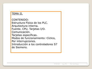 TEMA II.
CONTENIDO:
Estructura Física de los PLC.
Arquitectura interna.
Fuente. CPU. Tarjetas I/O.
Comunicación.
Tarjetas específicas.
Modos de funcionamiento: Cíclico,
Por interrupciones.
Introducción a los controladores S7
de Siemens.
05/04/2022 34
Asig. PLC - Prof. José Borjas
 