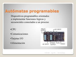 Autómatas programables
Dispositivos programables orientados
a implementar funciones lógicas y
secuenciales conectados a un proceso
•CPU
•Comunicaciones
•Tarjetas I/O
•Alimentación
05/04/2022 4
Asig. PLC - Prof. José Borjas
 