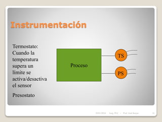 Instrumentación
Proceso
PS
TS
Termostato:
Cuando la
temperatura
supera un
límite se
activa/desactiva
el sensor
Presostato
28/01/2024 16
Asig. PLC - Prof. José Borjas
 