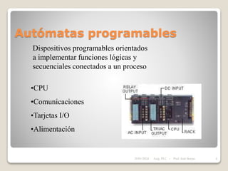 Autómatas programables
Dispositivos programables orientados
a implementar funciones lógicas y
secuenciales conectados a un proceso
•CPU
•Comunicaciones
•Tarjetas I/O
•Alimentación
28/01/2024 4
Asig. PLC - Prof. José Borjas
 