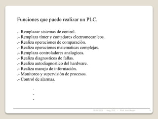 Funciones que puede realizar un PLC.
.- Remplazar sistemas de control.
.- Remplaza timer y contadores electromecanicos.
.- Realiza operaciones de comparación.
.- Realiza operaciones matematicas complejas.
.- Remplaza controladores analogicos.
.- Realiza diagnosticos de fallas.
.- Realiza autodiagnostico del hardware.
.- Realiza manejo de información.
.- Monitoreo y supervisión de procesos.
.- Control de alarmas.
-
-
-
28/01/2024 9
Asig. PLC - Prof. José Borjas
 