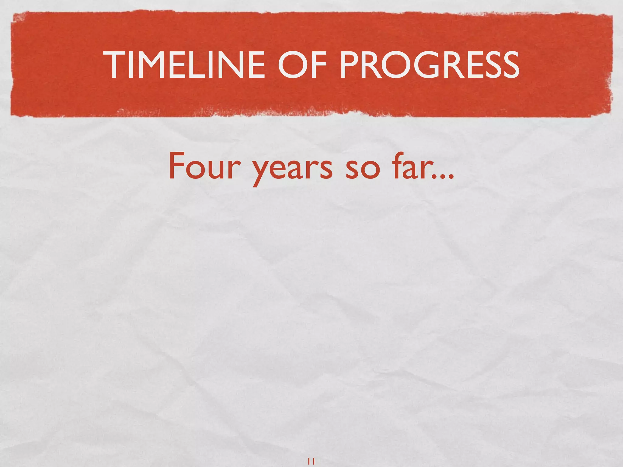 TIMELINE OF PROGRESS

   Four years so far...




            11
 