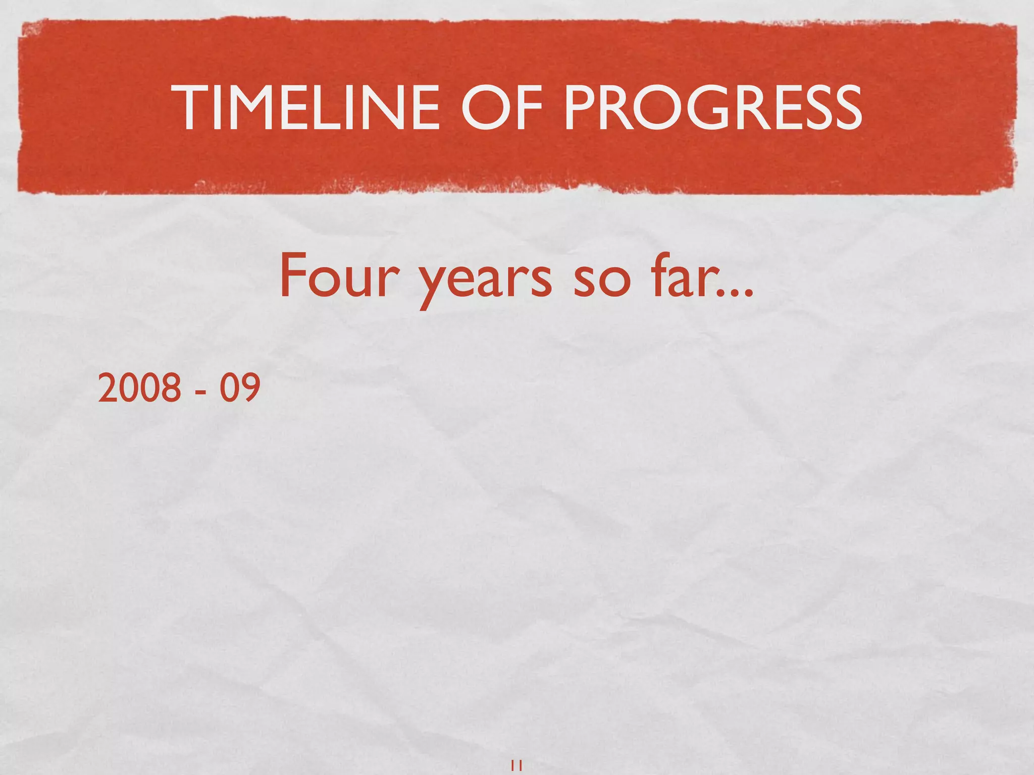 TIMELINE OF PROGRESS

            Four years so far...
2008 - 09




                     11
 