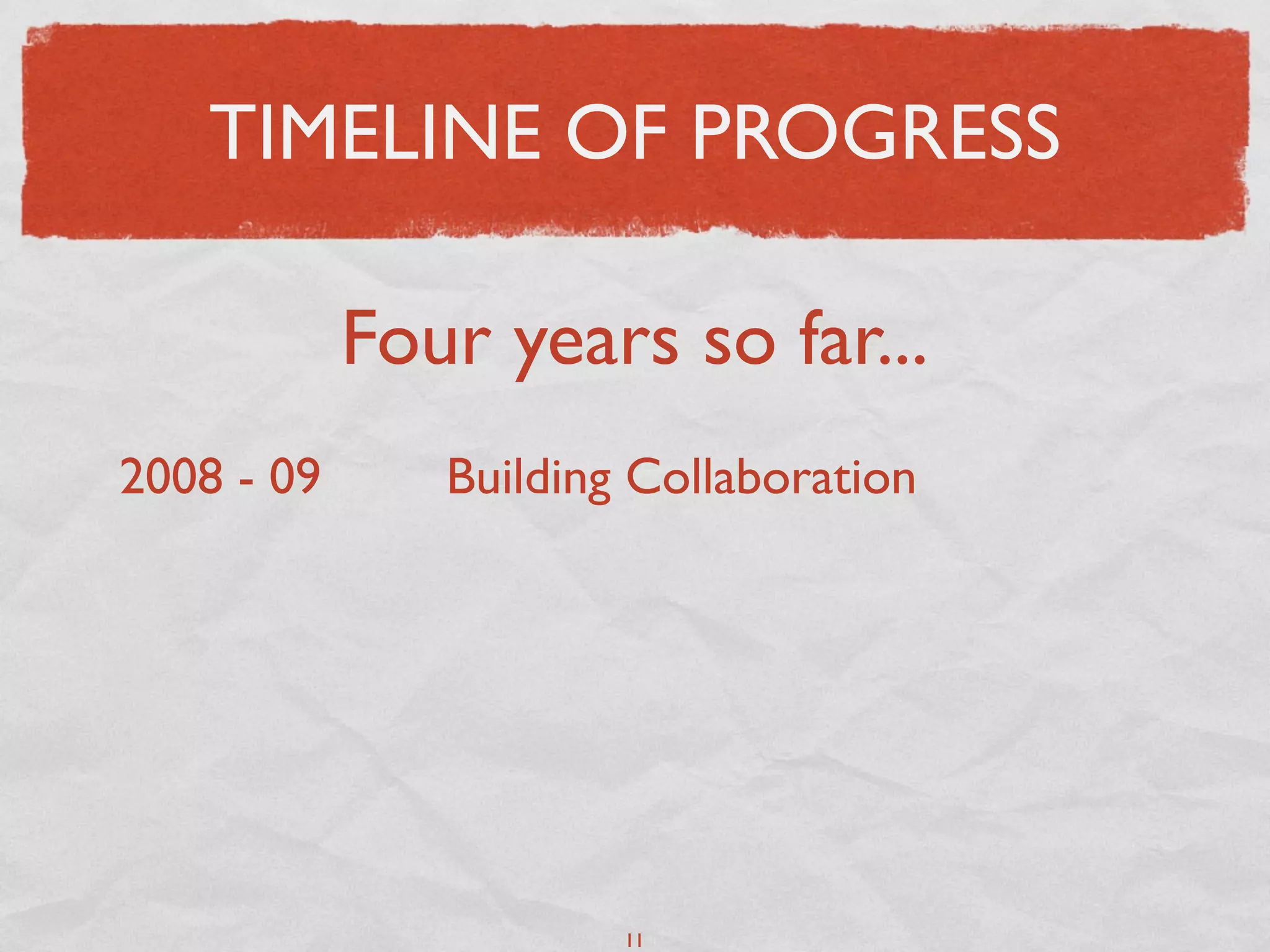 TIMELINE OF PROGRESS

            Four years so far...
2008 - 09      Building Collaboration




                       11
 