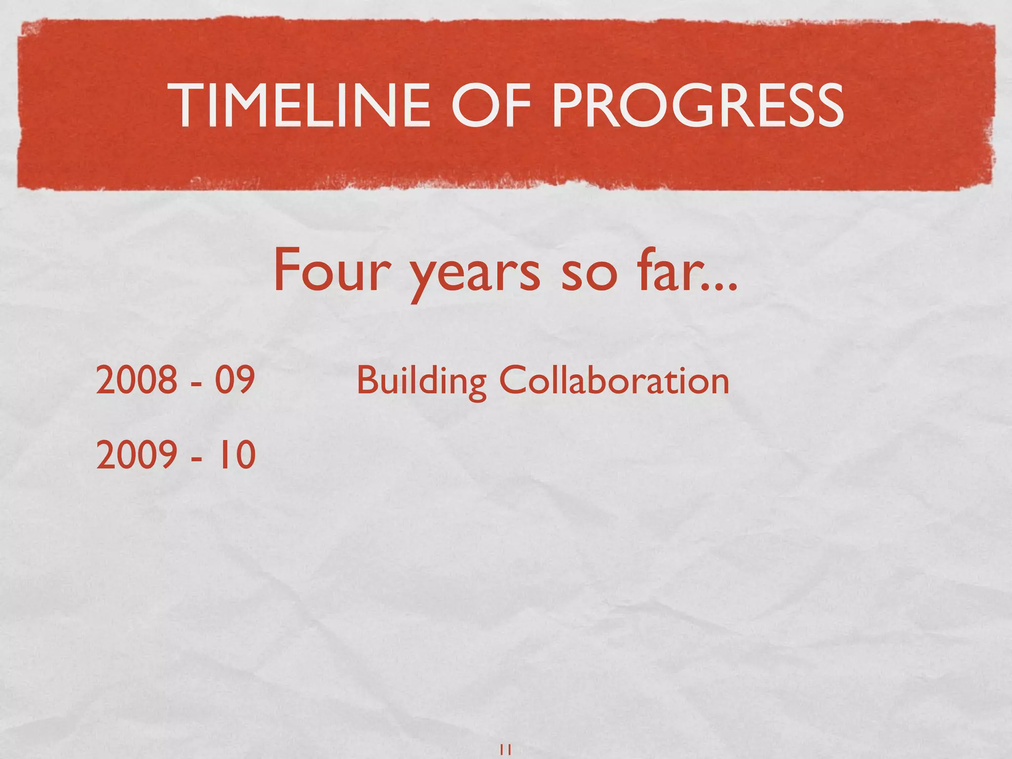 TIMELINE OF PROGRESS

            Four years so far...
2008 - 09      Building Collaboration
2009 - 10




                       11
 