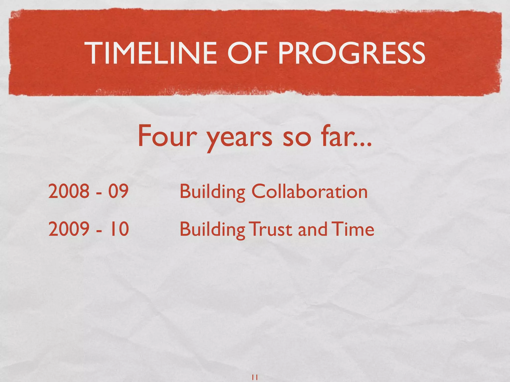 TIMELINE OF PROGRESS

            Four years so far...
2008 - 09      Building Collaboration
2009 - 10      Building Trust and Time




                       11
 