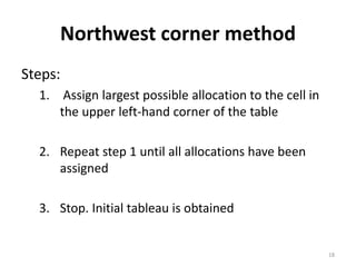 Northwest corner method
Steps:
1. Assign largest possible allocation to the cell in
the upper left-hand corner of the table
2. Repeat step 1 until all allocations have been
assigned
3. Stop. Initial tableau is obtained
18
 