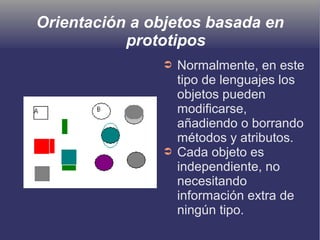 Orientación a objetos basada en
prototipos
➲ Normalmente, en este
tipo de lenguajes los
objetos pueden
modificarse,
añadiendo o borrando
métodos y atributos.
➲ Cada objeto es
independiente, no
necesitando
información extra de
ningún tipo.
 