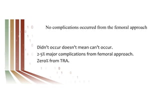No complications occurred from the femoral approach
Didn’t occur doesn’t mean can’t occur.
2-5% major complications from femoral approach.
Zero% from TRA.
 