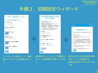 手順３．初期設定ウィザード 
22 
ニックネームと紹介コード、通知 
先のメールアドレスを登録しましょ 
う。 
決済用のクレジットカード情報を入 
力して、利用規約に同意してくださ 
い。 
割り当てられた050番号が表示 
され、メールが届きます。 
番号は忘れずにメモしてくださ 
いね。 
 