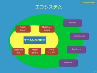 エコシステム 
27 
Twilio 
電話API 
AMIVoice 
音声認識 
TRANSREC 
WebPay 
決済 
AITalk 
音声合成 
AWS 
インフラ 
zendesk 
Google Apps 
Salesforce 
Evernote 
 