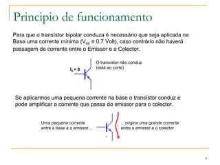 4 
Principio de funcionamento 
Para que o transístor bipolar conduza é necessário que seja aplicada na 
Base uma corrente mínima (VBE ≥ 0,7 Volt), caso contrário não haverá 
passagem de corrente entre o Emissor e o Colector. 
IB = 0 
O transístor não conduz 
(está ao corte) 
Se aplicarmos uma pequena corrente na base o transístor conduz e 
pode amplificar a corrente que passa do emissor para o colector. 
Uma pequena corrente 
entre a base e o emissor… 
…origina uma grande corrente 
entre o emissor e o colector 
 