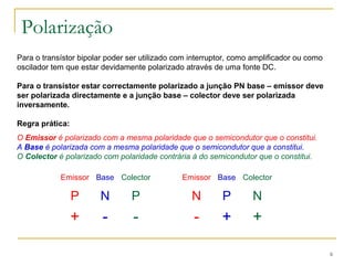 6 
Polarização 
Para o transístor bipolar poder ser utilizado com interruptor, como amplificador ou como 
oscilador tem que estar devidamente polarizado através de uma fonte DC. 
Para o transístor estar correctamente polarizado a junção PN base – emissor deve 
ser polarizada directamente e a junção base – colector deve ser polarizada 
inversamente. 
Regra prática: 
O Emissor é polarizado com a mesma polaridade que o semicondutor que o constitui. 
A Base é polarizada com a mesma polaridade que o semicondutor que a constitui. 
O Colector é polarizado com polaridade contrária à do semicondutor que o constitui. 
Emissor Base Colector Emissor Base Colector 
P N P N P N 
+ - - - + + 
 
