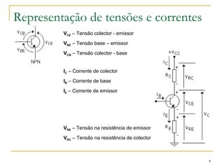 8 
Representação de tensões e correntes 
VCE – Tensão colector - emissor 
VBE – Tensão base – emissor 
VCB – Tensão colector - base 
IC – Corrente de colector 
IB – Corrente de base 
IE – Corrente de emissor 
VRE – Tensão na resistência de emissor 
VRC – Tensão na resistência de colector 
 