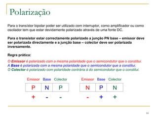10
Polarização
Para o transístor bipolar poder ser utilizado com interruptor, como amplificador ou como
oscilador tem que estar devidamente polarizado através de uma fonte DC.
Para o transístor estar correctamente polarizado a junção PN base – emissor deve
ser polarizada directamente e a junção base – colector deve ser polarizada
inversamente.
Regra prática:
O Emissor é polarizado com a mesma polaridade que o semicondutor que o constitui.
A Base é polarizada com a mesma polaridade que o semicondutor que a constitui.
O Colector é polarizado com polaridade contrária à do semicondutor que o constitui.
Emissor Base Colector Emissor Base Colector
P N P N P N
+ - - - + +
 