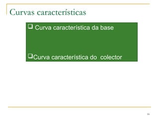 Curvas características
16
 Curva característica da base
Curva característica do colector
 