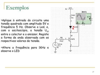 Exemplos
27
•Aplique à entrada do circuito uma
tensão quadrada com amplitude 5V e
frequência 5 Hz. Observe o Led, e,
com o osciloscópio, a tensão UCE
entre o colector e o emissor. Registe
a forma de onda observada com os
respectivos valores de tensão.
•Altere a frequência para 1KHz e
observe o LED
 