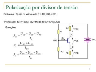 Polarização por divisor de tensão
39
Problema: Quais os valores de R1, R2, RC e RE
Premissas: IB1=10xIB; IB2=11xIB; URE=10%xUCC
Equações
1
1
2
2
B
RE
BE
CC
B
RE
BE
C
RE
CE
CC
C
I
U
U
U
R
I
U
U
R
I
U
U
U
R








 