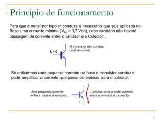 7
Principio de funcionamento
Para que o transístor bipolar conduza é necessário que seja aplicada na
Base uma corrente mínima (VBE ≥ 0,7 Volt), caso contrário não haverá
passagem de corrente entre o Emissor e o Colector.
IB = 0
O transístor não conduz
(está ao corte)
Se aplicarmos uma pequena corrente na base o transístor conduz e
pode amplificar a corrente que passa do emissor para o colector.
Uma pequena corrente
entre a base e o emissor…
…origina uma grande corrente
entre o emissor e o colector
 