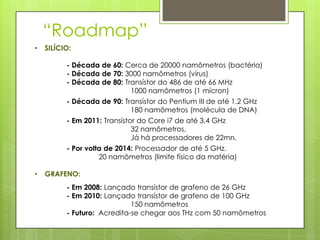 “Roadmap”SILÍCIO:- Década de 60: Cerca de 20000 namômetros (bactéria)- Década de 70: 3000 namômetros (vírus)- Década de 80: Transístor do 486 de até 66 MHz		1000 namômetros (1 mícron)- Década de 90: Transístor do Pentium III de até 1,2 GHz		180 namômetros (molécula de DNA)- Em 2011: Transístor do Core i7 de até 3,4 GHz		32 namômetros. 		Já há processadores de 22mn.- Por volta de 2014: Processador de até 5 GHz.		20 namômetros (limite físico da matéria)GRAFENO:- Em 2008: Lançado transístor de grafeno de 26 GHz	- Em 2010: Lançado transístor de grafeno de 100 GHz		150 namômetros- Futuro:  Acredita-se chegar aos THz com 50 namômetros